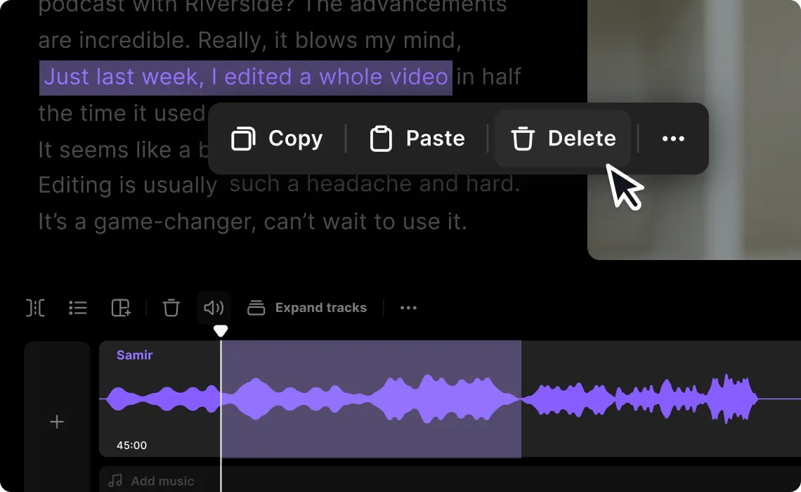 Screen showing audio waveform editing with text highlighted and copy, paste, delete options.
